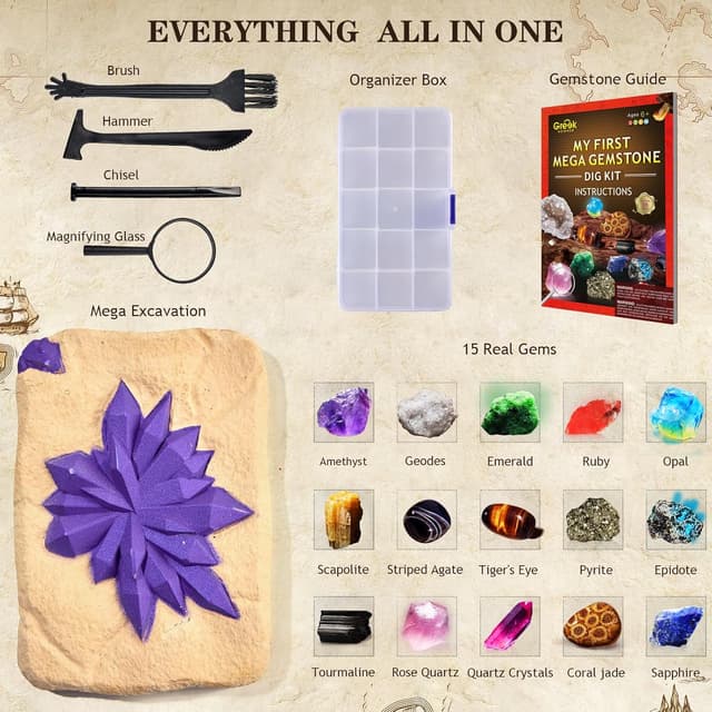 Detalle de Greek Science „Mein erstes Mega“ Ausgrabungsset mit 15 echten Kristallen & Edelsteinen für Kinder
