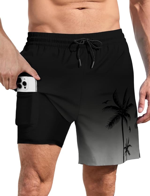 Detalle de Lzzidou Men’s Swim Trunks with Compression Liner and 7-Inch Inseam Board Shorts (Zipper Pockets)