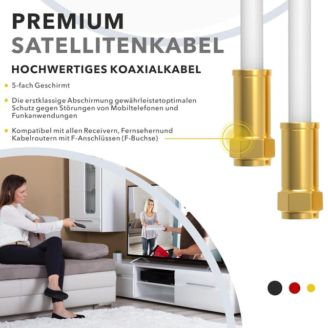 Detalle de RedStar24 Premium 2m SAT-Kabel (Klasse A+) mit F-Steckern für TV, Router & Modem – koaxial, weiß