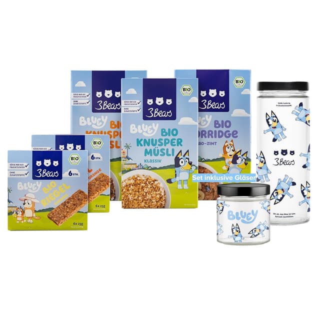 Detalle de 3Bears Bluey Lover-Set Frühstücksset mit Bio Knuspermüsli, Porridge, Müsliriegel & Vorratsgläsern (vegan)