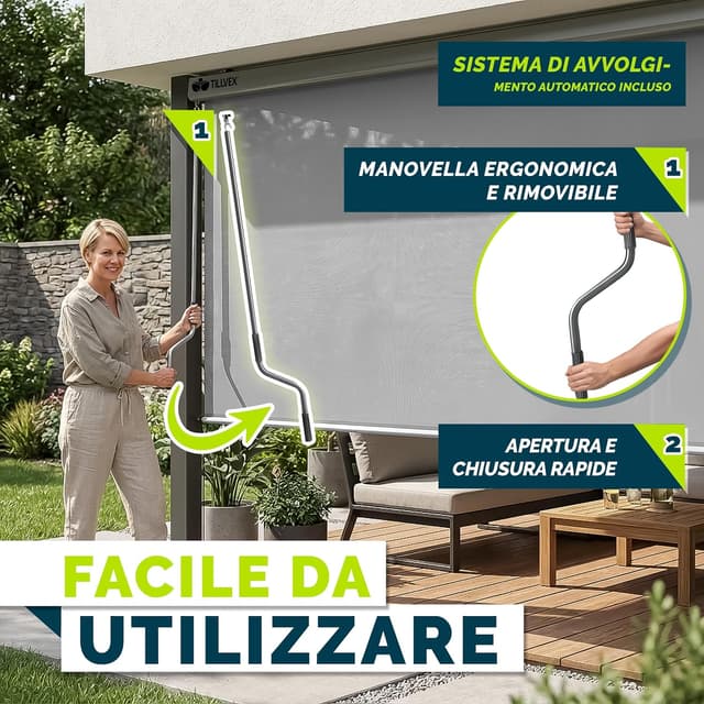 Detalle de tillvex® Tenda da sole verticale 180 x 250 cm con manovella, impermeabile in alluminio