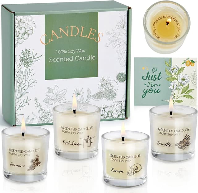 Detalle de Aptliton scented votive candle gift set (fresh linen, vanilla, jasmine & lemon) in soy wax