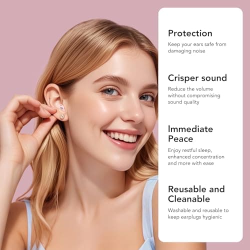 Detalle de CASCHO Tapones de oídos para dormir con cancelación de ruido de 45 dB y 8 puntas reutilizables (rosa) + estuche