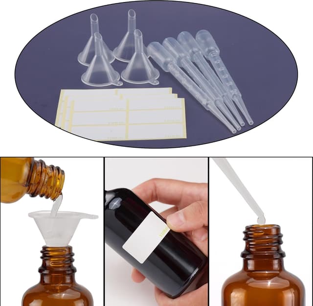 Detalle de Set di flaconi spray in vetro YIZHAO da 30 ml (ambra) con spruzzatore fine e accessori, 18 pezzi