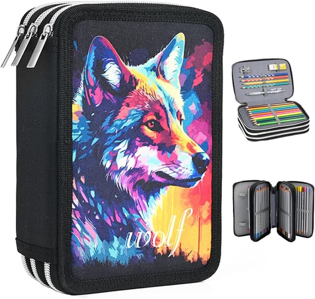 Detalle de Veroa Federmäppchen 3-fach quadratisch (57 Fächer) – schwarzes Mäppchen mit 3 Fächern