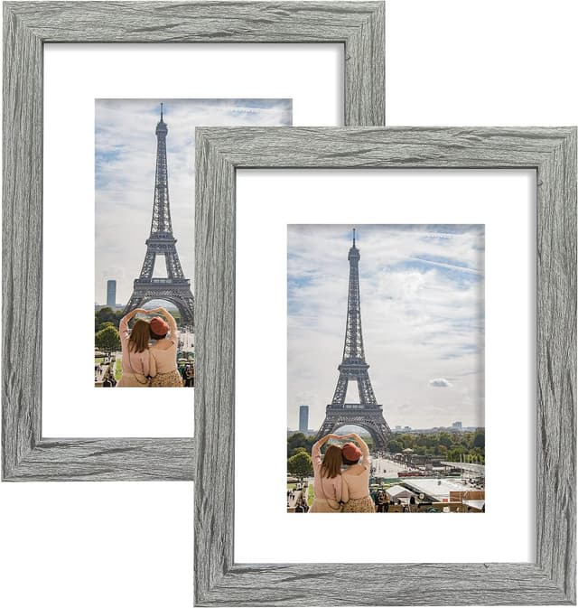 Detalle de Hongkee 8x10 Picture Frame Set of 2 (Grey Rustic Style) — 5x7 with Mat / 8x10 Without Mat, for Wall or Tabletop