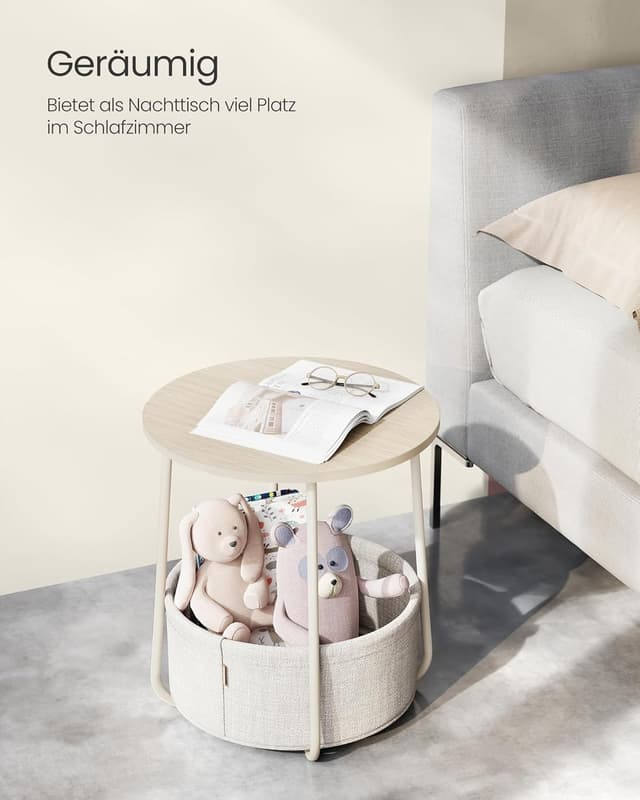 Detalle de VASAGLE runder Beistelltisch LET223K67 – kleiner Wohnzimmertisch mit Stoffkorb, naturbeige/cremeweiß