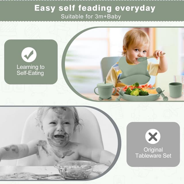Detalle de CUBTEM Baby Geschirrset (12-teilig) – Kindergeschirr mit Babylöffel, Trinklernbecher, Saugnapf & Silikon-Lätzchen
