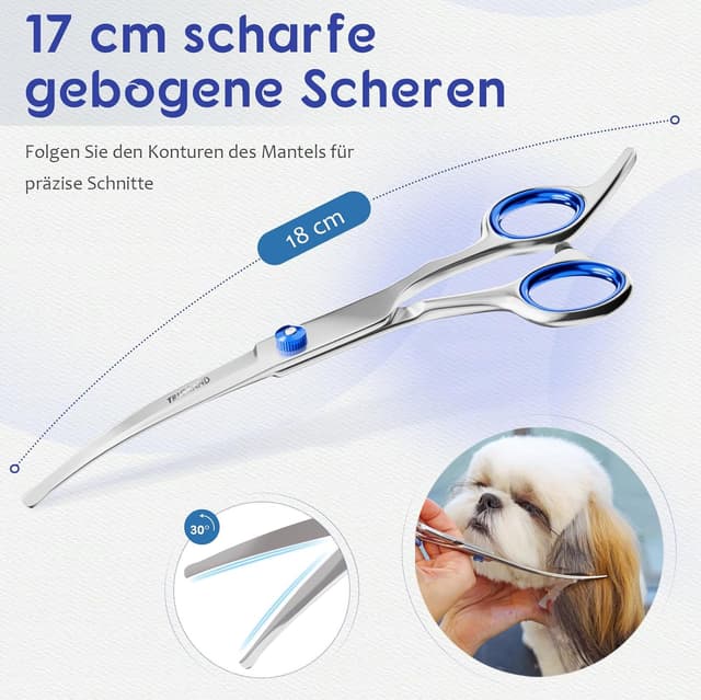 Detalle de Professional stainless steel one-piece dog grooming scissors with safety round tip (4CR) – titanium coated grooming shears, pink