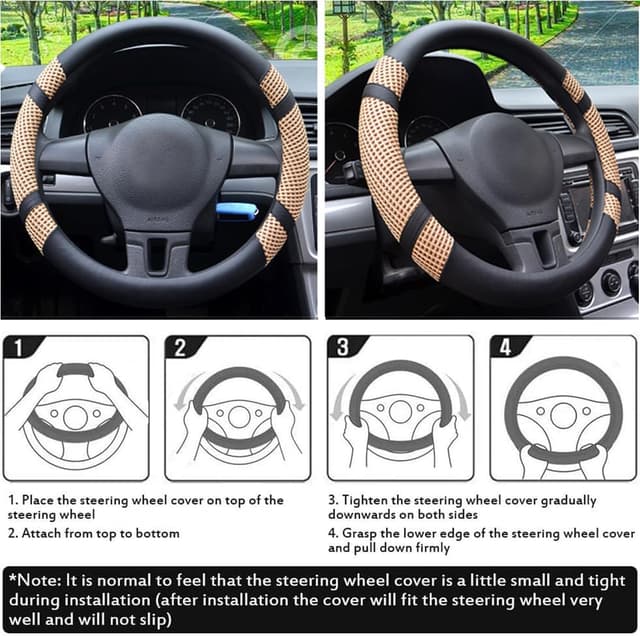 Detalle 2 de Lifetooler steering wheel cover (beige) – ice silk, PU leather, breathable, anti-skid – universal 38cm (15in)