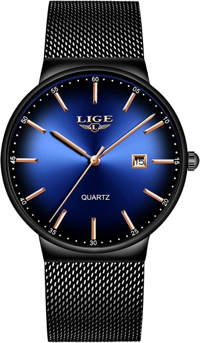 Thumbnail 6 de LIGE Herren-Uhr Ultra: analoges Quarzmodell mit Kalender, roségoldfarbenen Zeigern & Edelstahl-Gitterband