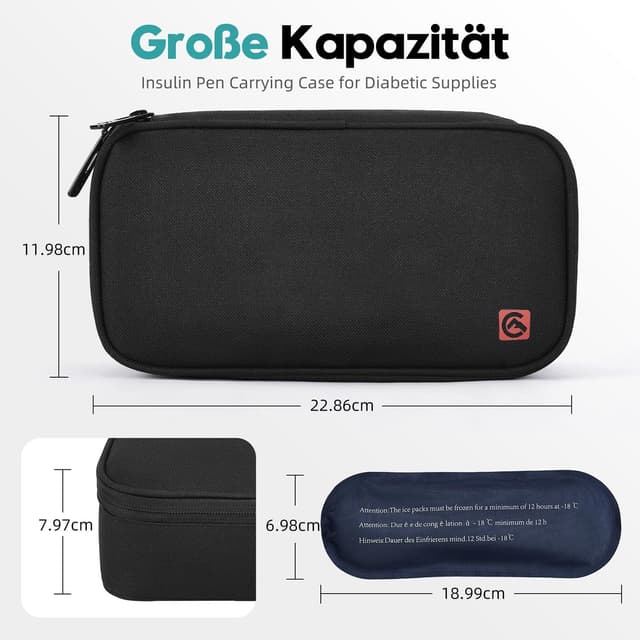 Detalle de ALLCAMP Insulin-Kühltasche mit Kühlbox, 4 wiederverwendbaren Eisbeuteln und Organizer