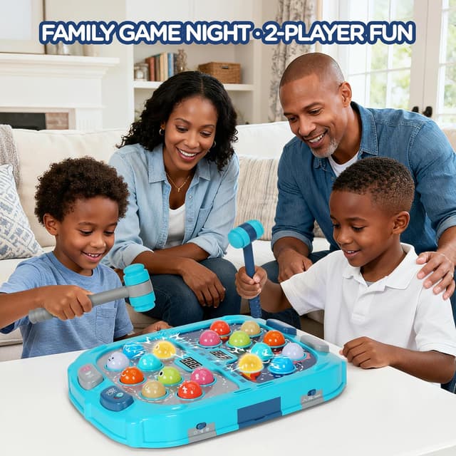 Detalle 2 de Guffawz Whack-a-Mole Kids Game with Lights & Sounds (Blue) – Interactive hammer game for ages 3–8