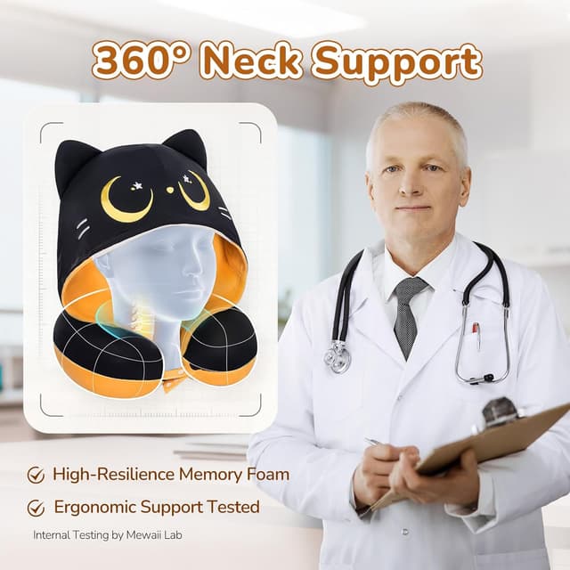 Detalle de Mewaii Nackenkissen für Reisen – wendbares Memory-Schaum Nackenkissen mit Katzenkapuze und verstellbarem Riemen