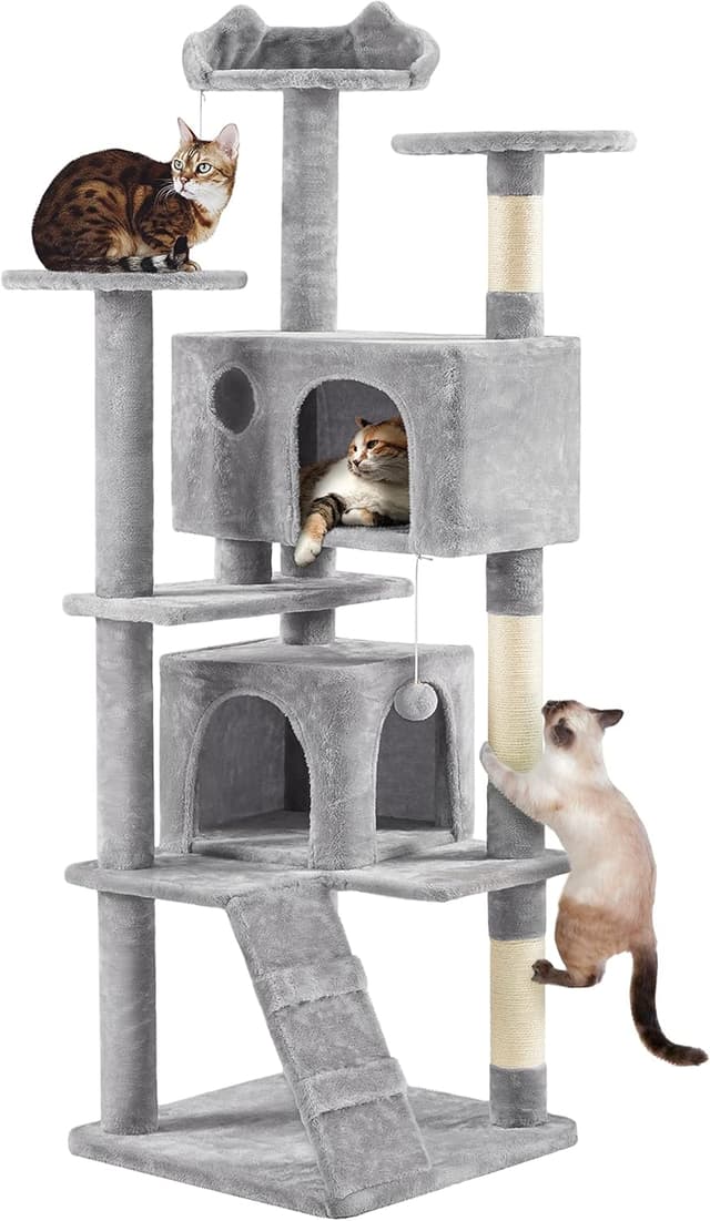 Detalle de Yaheetech Large Cat Tree (178cm) with 2 Condos, Perched Platform and Scratching Posts – Light Grey