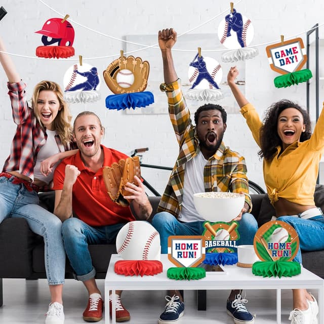 Detalle 2 de Baseball-Themed Honeycomb Centerpiece Pack (10-Piece) for Birthday & Gameday Decor