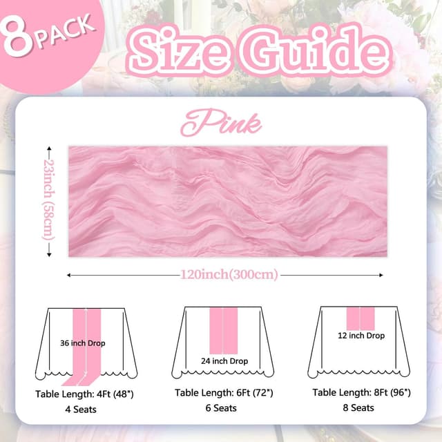 Detalle 2 de pepmily 8-Pack Pink Cheesecloth Table Runner, 120-Inch Boho Gauze for Spring & Party Décor