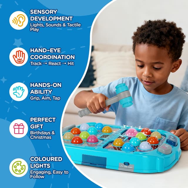 Detalle de Guffawz Whack-a-Mole Kids Game with Lights & Sounds (Blue) – Interactive hammer game for ages 3–8