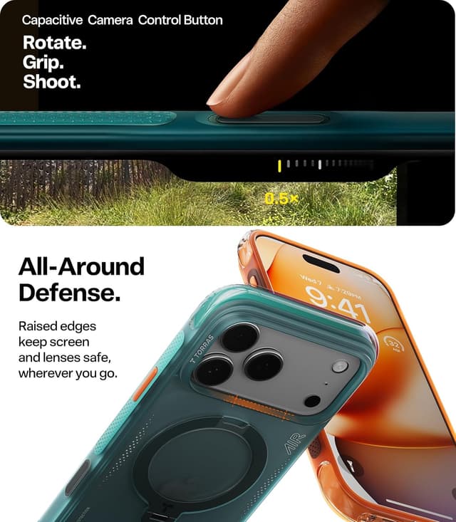 Detalle 1 de TORRAS Ostand Q3 Air for iPhone 17 Pro Case (Orange) — MagSafe compatible shockproof case with rotating kickstand