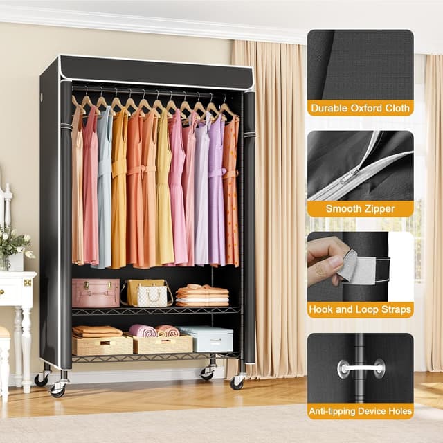 Detalle 2 de ULIFHOME P6C Rolling Clothes Rack with Cover (Max Load 365 lbs) — Black