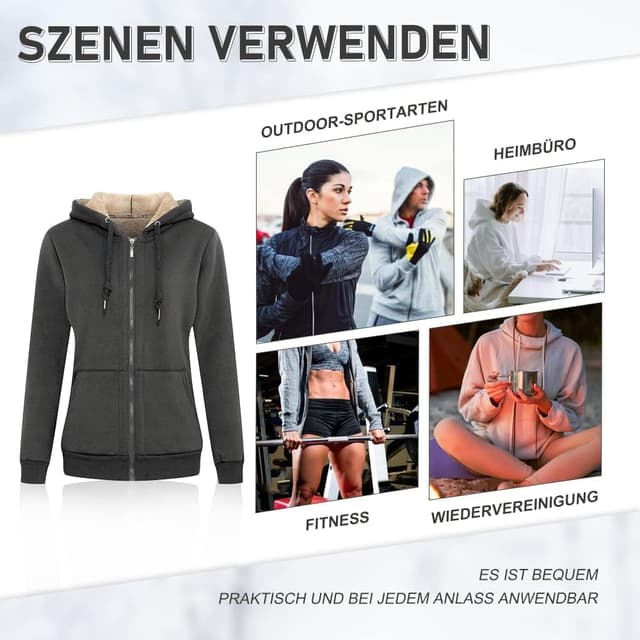 Detalle de MANLUODANNI Damen-Kapuzen-Sweatshirt mit Fleece-Futter und Reißverschluss
