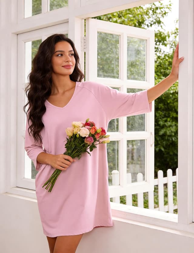 Detalle de Bresdk chemise de nuit femme oversize en coton à manches 3/4, col en V et poches (S à 3/4XL)