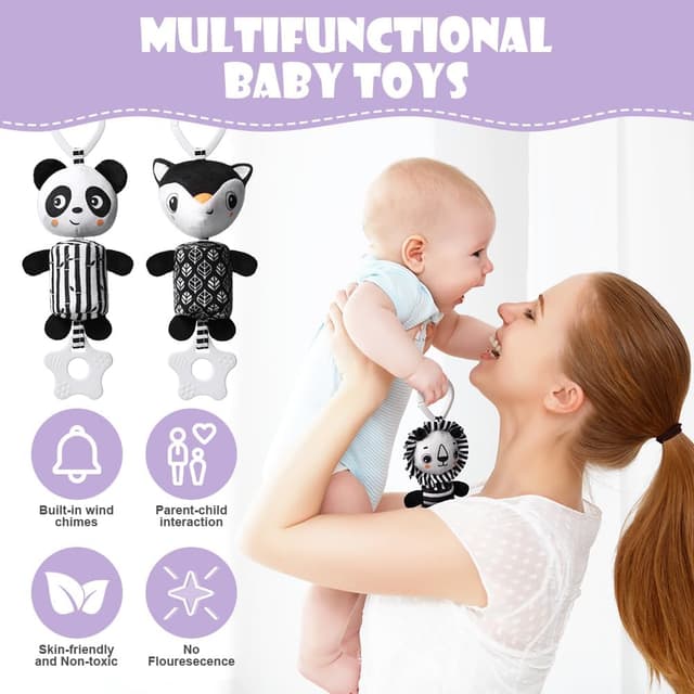 Detalle de Aolso Kinderwagen-Spielzeug 3-teiliges Hängespielzeug (schwarz-weiß) – Panda/Fuchs/Löwe