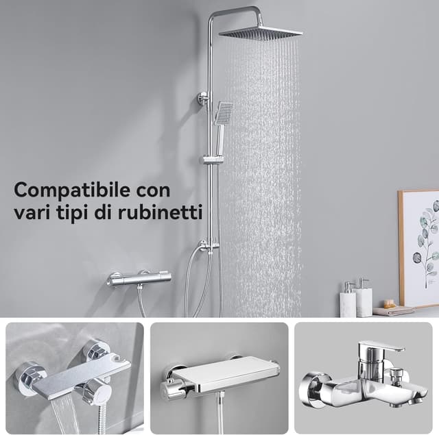 Detalle de Auralum Colonna Doccia Senza Miscelatore con Soffione Quadrato 25x25 cm e Doccetta, Altezza Regolabile 74–109 cm