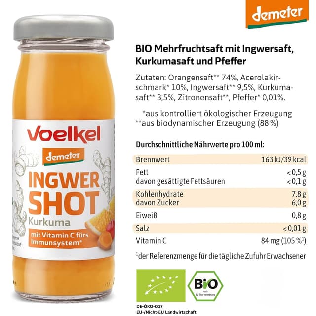 Detalle 2 de Voelkel Bio Ingwer-Kurkuma Shot mit Vitamin C (Demeter, 16er-Pack) – als Flüssig-Power für zwischendurch