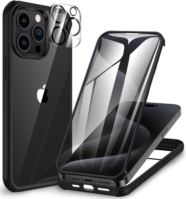 Detalle de CENHUFO iPhone 15 Pro case with built-in 9H glass screen protector and camera lens protection (black)
