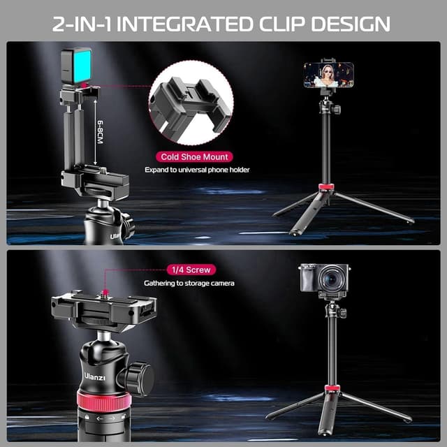 Detalle 2 de ULANZI MT-44 mobile phone camera tripod (147cm) with Bluetooth remote, 360° ball head & cold shoe mount