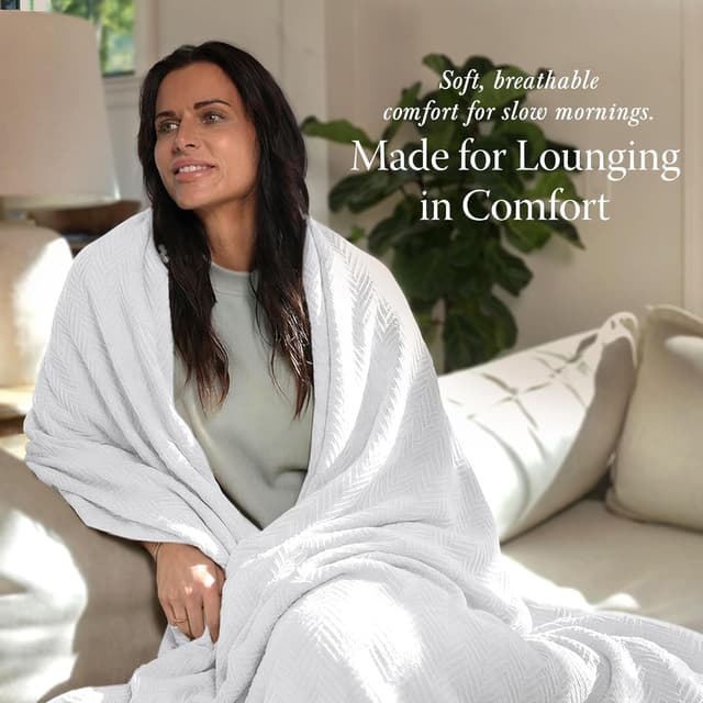 Detalle de Threadmill Luxury Cotton Blanket (Queen) — 100% Cotton Herringbone Throw, White, 90x92 inches