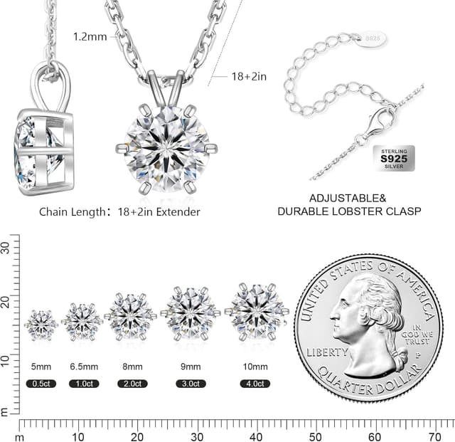 Detalle 2 de KRKC&CO Moissanite Kette aus 925er Silber für Damen mit Anhänger (1–4 ct), Länge verstellbar 45+5 cm