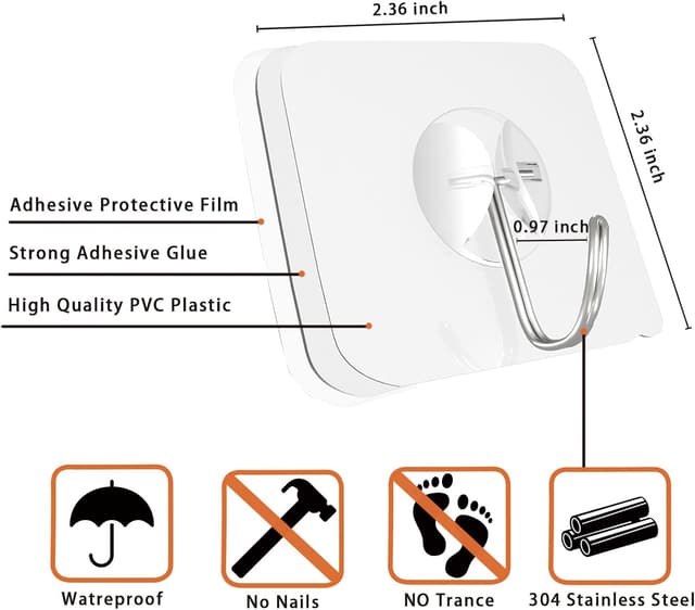 Detalle de Latoxcaa Heavy Duty Adhesive Wall Hooks (Transparent) – Hold up to 22lb, Waterproof, Reusable (30 pack)