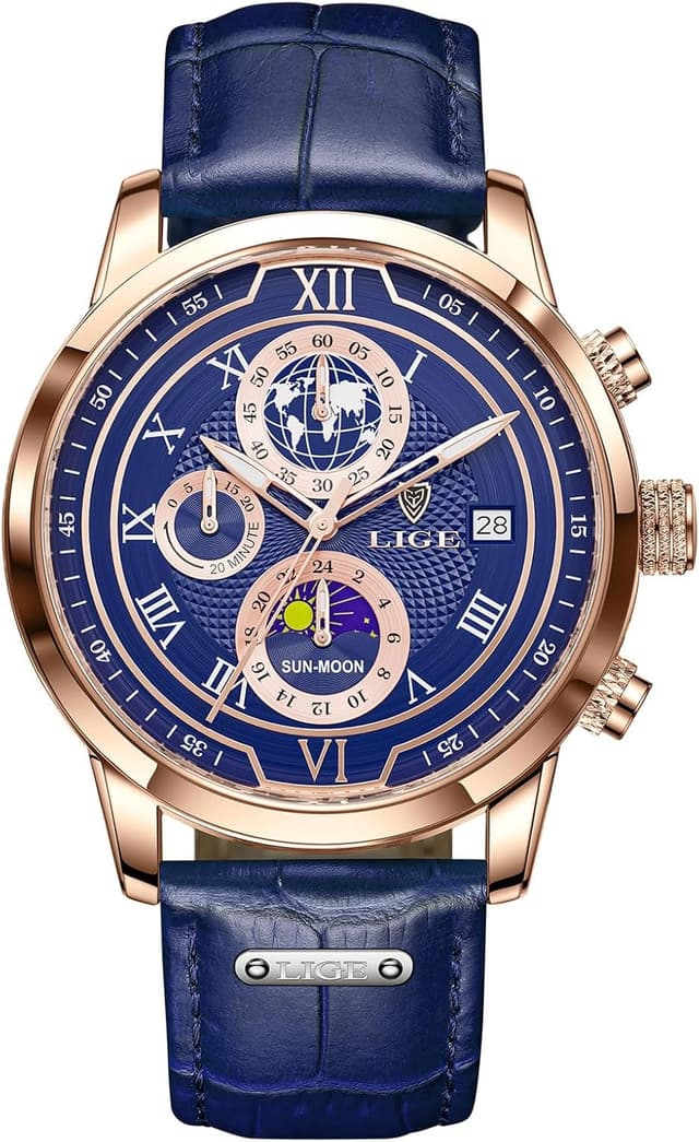 Detalle de LIGE Herren Armbanduhr mit Lederarmband, Quarzwerk, Chronograph-Optik, Datum & Mondphase – wasserdicht bis 30 m