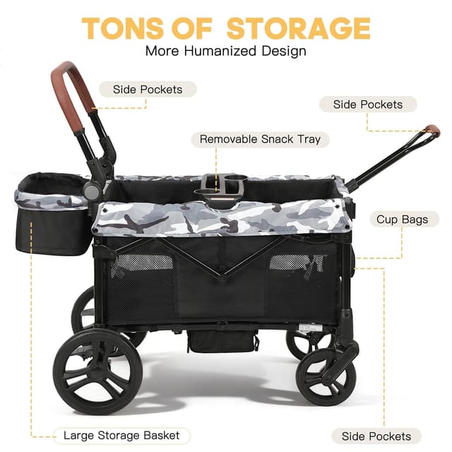 Detalle de ELEMARA All-Terrain Stroller Wagon for 2 Kids (Foldable, Push/Pull Handle, Canopy & Mosquito Net) — Black+White