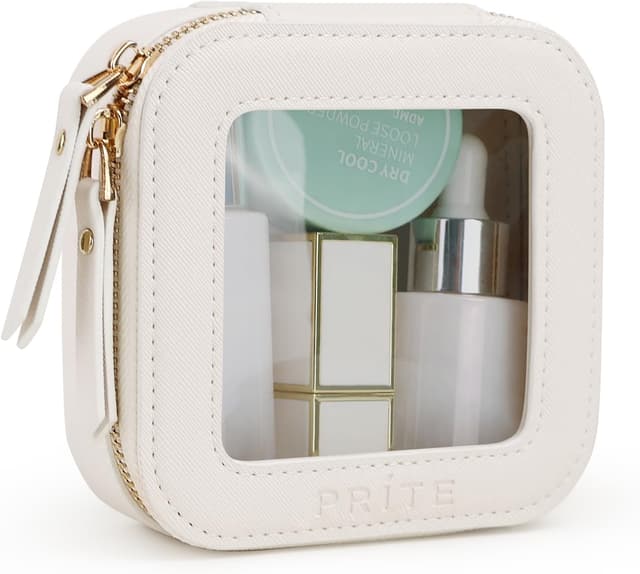 Detalle de Prite Small Clear Makeup Bag (Beige) with Gift Box – Waterproof Mini Cosmetic & Travel Toiletry Pouch