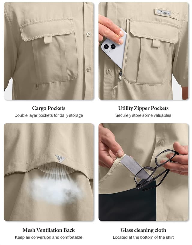 Detalle de Pudolla Men’s Short Sleeve Fishing Shirts with UPF50+ and Zipper Pockets