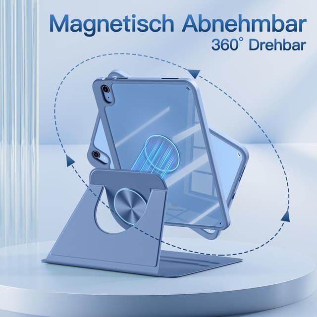 Detalle de drivego 360° drehbare Hülle für iPad (A16) – magnetisch, abnehmbar, mit Stifthalter, transparentem Hart-PC-Backcover, blau