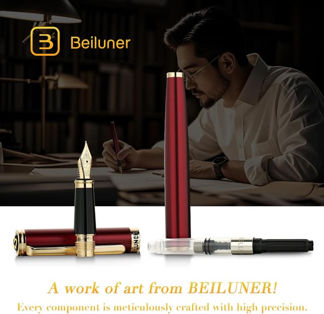 Detalle de BEILUNER Luxury Fountain Pen in Red & Gold with 24K Gold Accents and Fine Nib