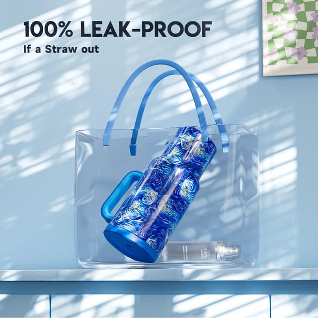 Detalle de Meoky 40 oz Tumbler with Handle and Straw (Van Gogh) — Insulated, Leakproof Cup for Car Holders