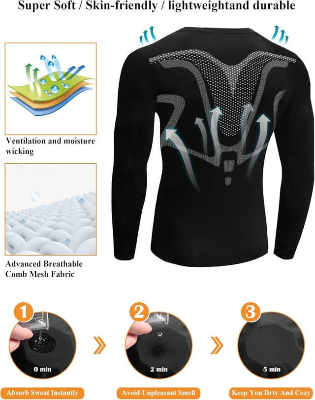 Detalle de Terecey T-Shirt Compression Homme à manches longues : séchage rapide et maintien musculaire