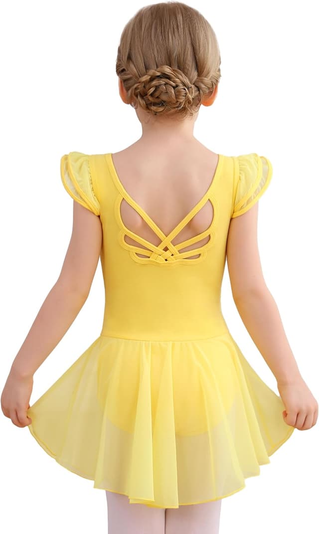 Detalle de MdnMd Girls Dance Ballet Leotards Dress with Flutter Sleeves, Hollow Knot Back & Skirt