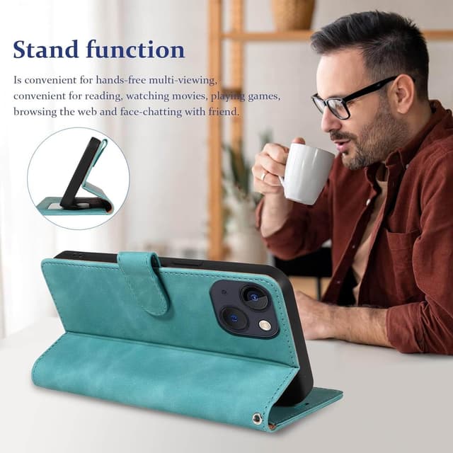 Detalle 2 de GOTOURED Handyhülle für iPhone 13 mit Klappfunktion, RFID-Blockierung, Kartenfächern, Magnetverschluss, Ständer & Handgelenksgurt (Grün)