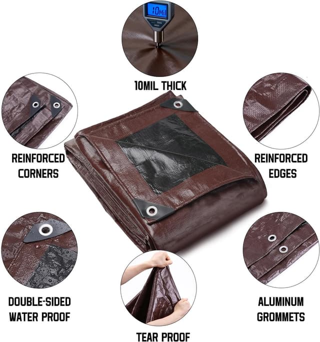 Detalle 2 de 20 x 40 FT Waterproof Heavy Duty Tarp (10 Mil) PE Plastic Cover, Brown/Black Reversible