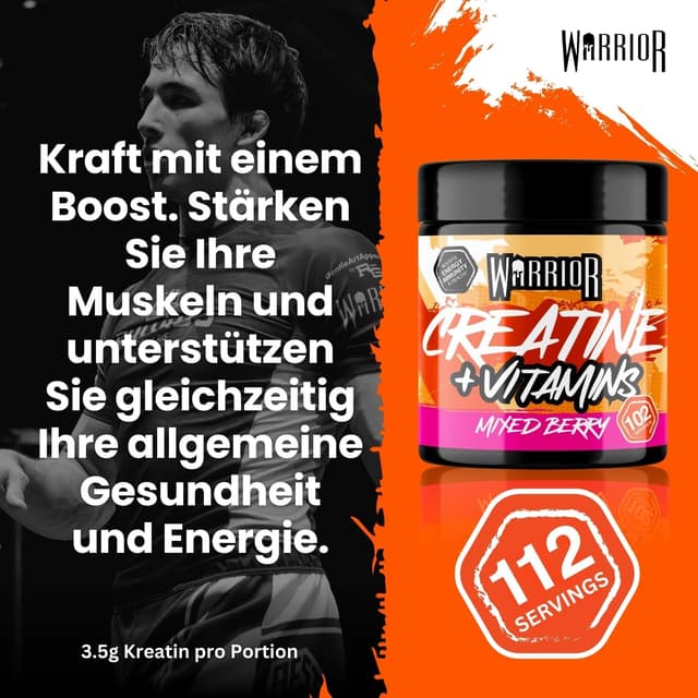 Detalle de Warrior Creatine Monohydrate + Vitamine (360 g, 80 Portionen) – mikronisiertes Kreatin & Multivitamin-Blend, vegan, Mixed Berry