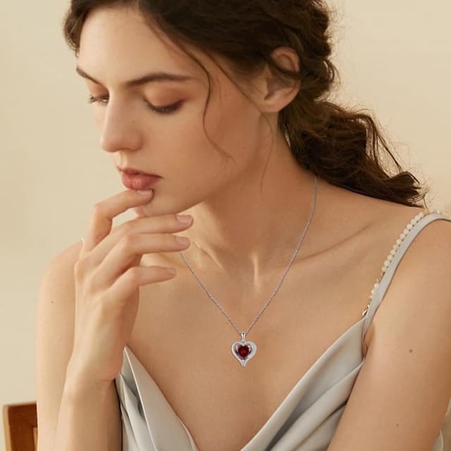 Detalle 2 de FJ Herz Kette Damen 925 Sterling Silber mit Engelsflügeln und Geburtsstein