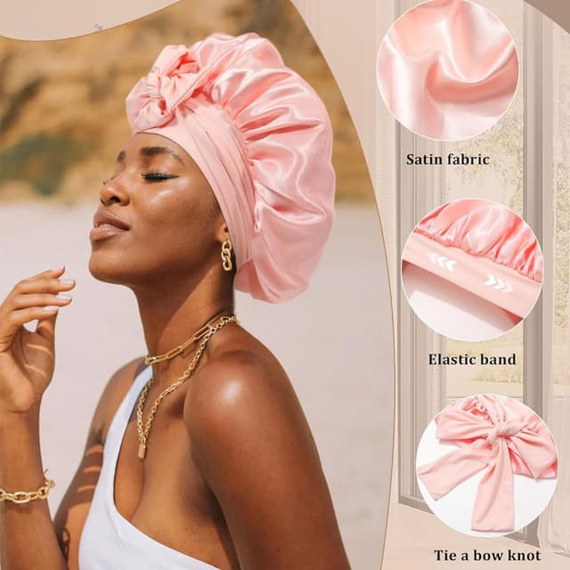 Detalle de GUGUGO Seidenhaube zum Schlafen (Satin/Silk Bonnet) verstellbar – Sakura Rosa