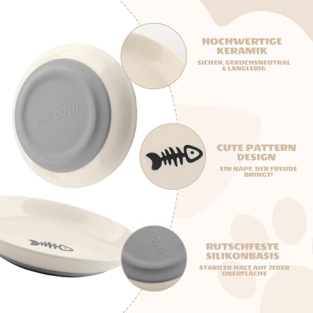 Detalle de Katzennapf Keramik-Set „Katzennapf Keramik 2er“- rutschfeste Futternäpfe mit Silikonbasis und 2 Spielbällen, weiß