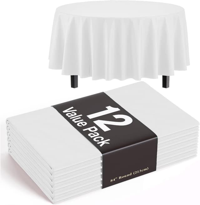 Detalle de Exquisite 12-Pack Plastic Tablecloths (84-inch Round) in White